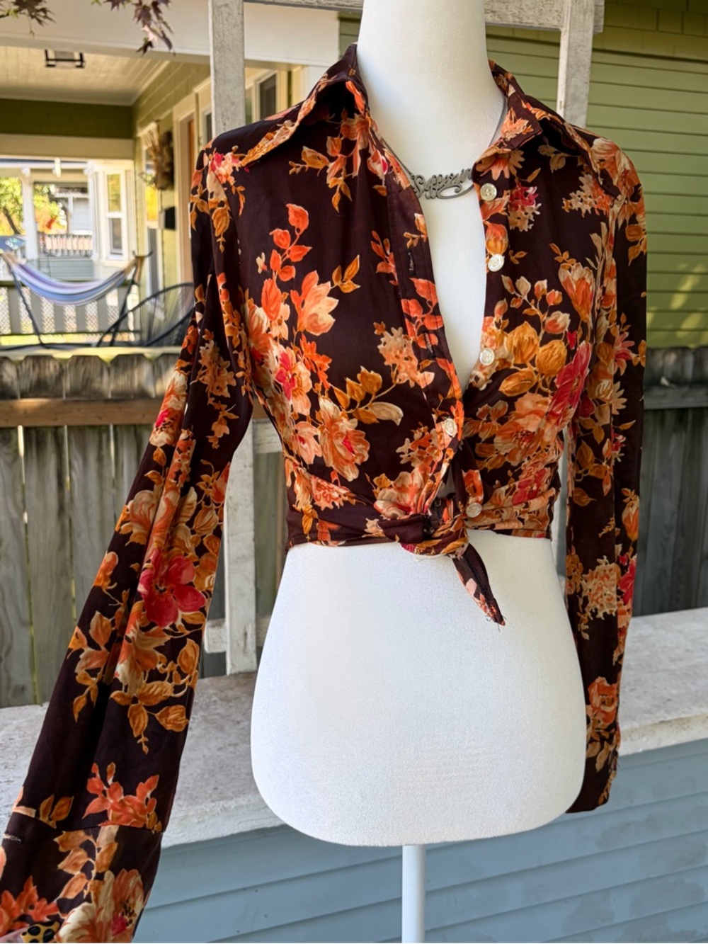 Vintage 70s Brown Floral Button Up Blouse